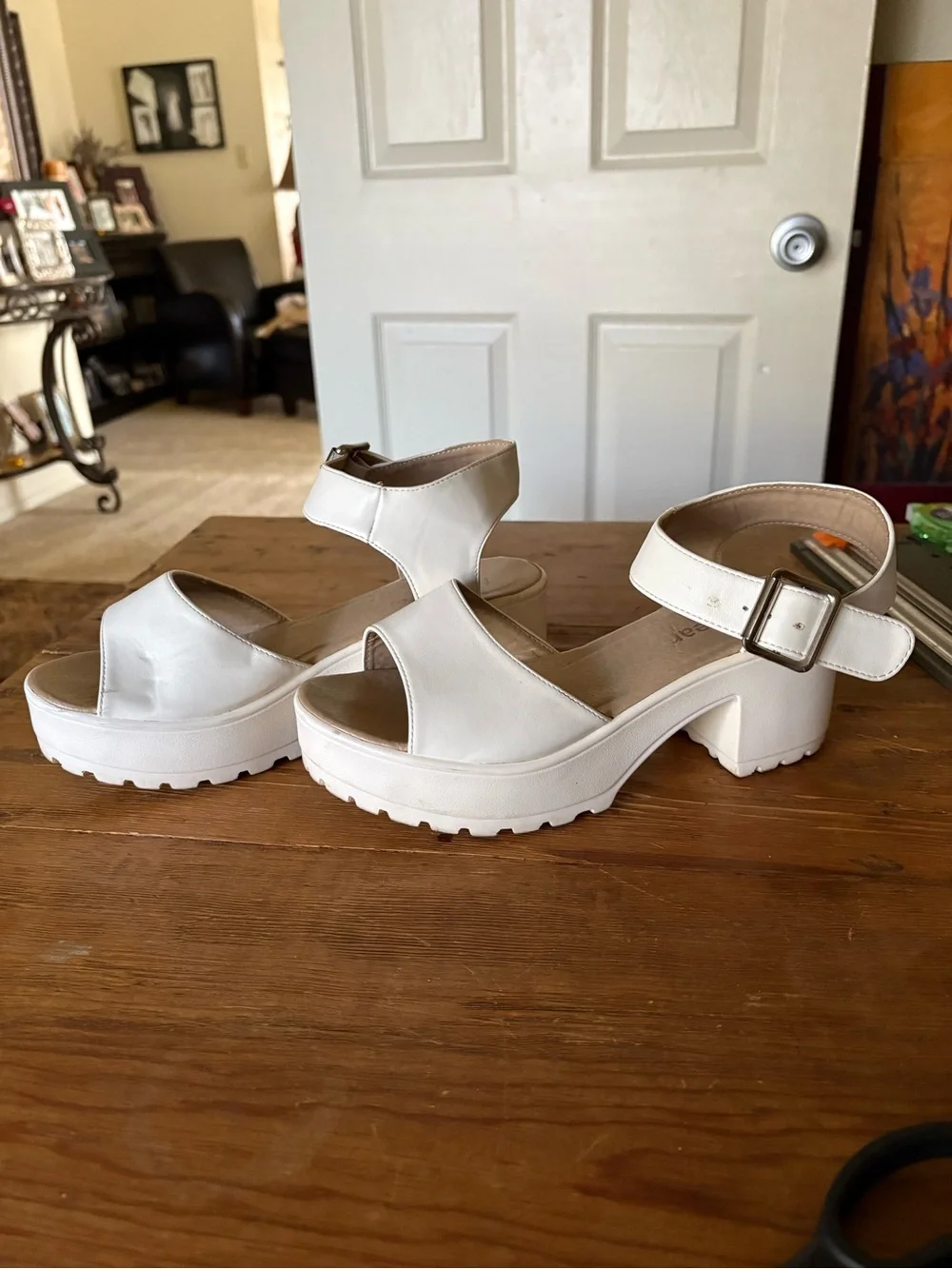 Cream Platform Ankle-Strap Sandals with Buckle